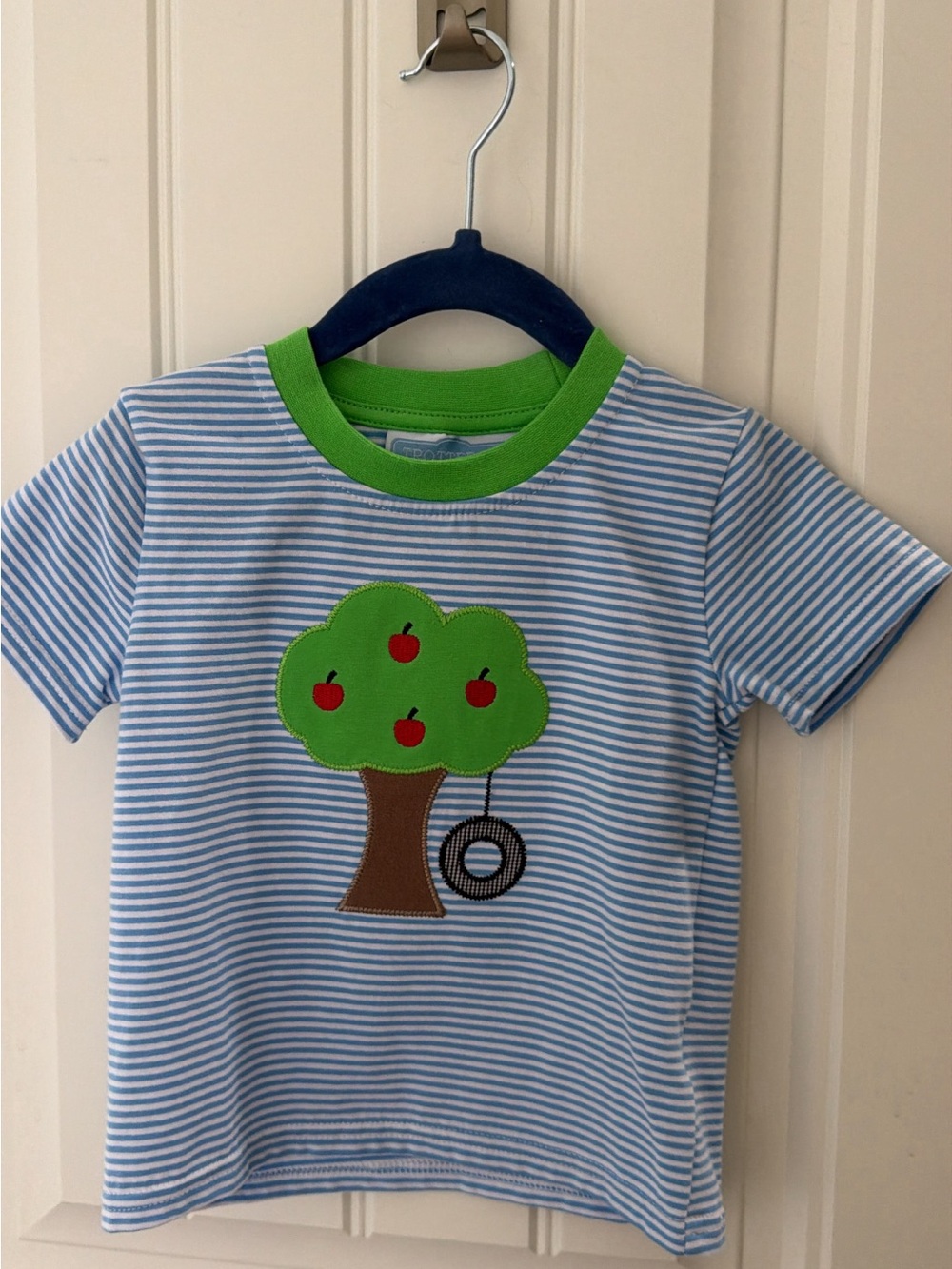 Boys Blue Striped Apple Tree Tee with Green Trim